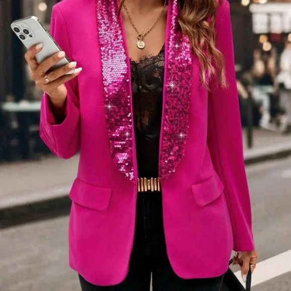 Women's Bright Pink Color Block Sequins Lapel Fitted Blazer Jacket - Picture 1 of 7